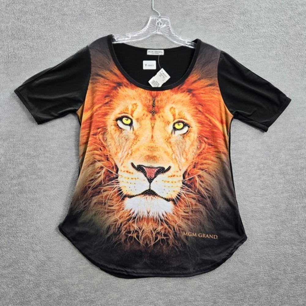 MGM Grand Las Vegas Women Top Large Black Real‎ Lion Cold Shoulder Tee Stud NWT